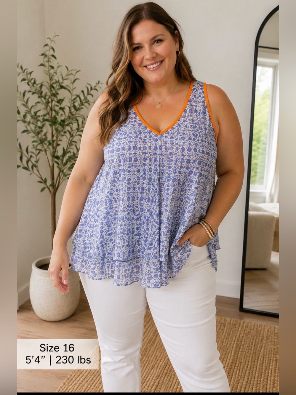 Lane Bryant Blue Print Layered Tank Top Size 16 NWT Orange Trim Flowy